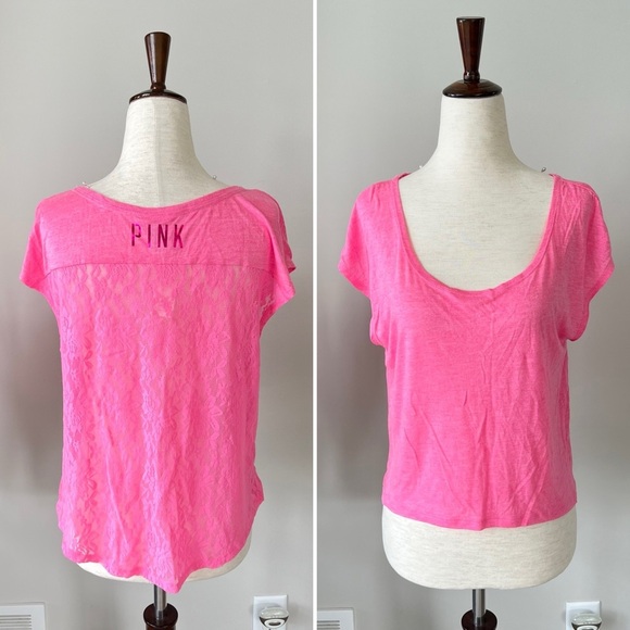 NWT! Pink High-Low Scoop Neck Tee Shirt with Lace Back - Picture 1 of 7